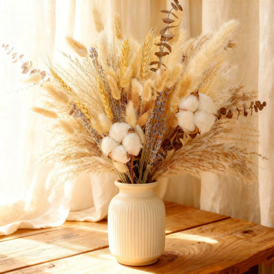 Alcantar Bouquet With Pampas Grass & Bunny Tails, Natural Boho Farmhouse Arrangement For Home Decor And Rustic Wedding Centerpiece