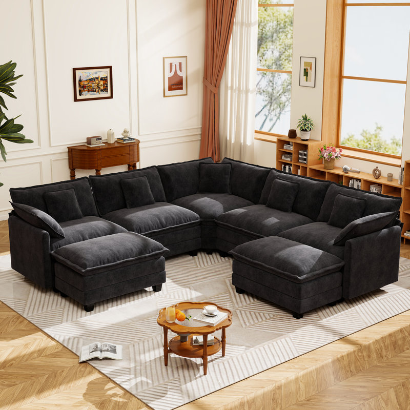 George 111.5" Modern 7 Seat Chenille L Shaped Modular Sectional Sofa With Two Ottomans, Black