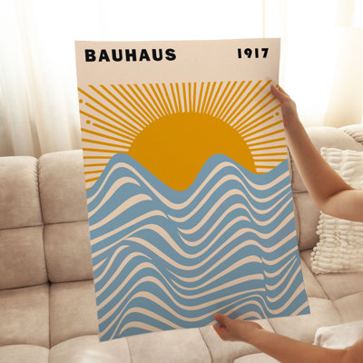 «Abstract Bauhaus Waves & Sun» en bleu et orange, reproduction d'art non encadrée