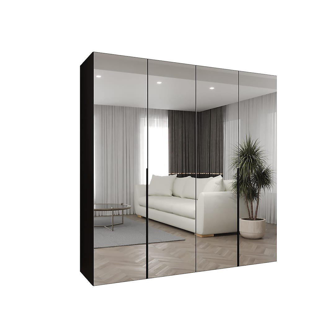 Black Mirrored Hinged Door Wardrobe 200cm - Contemporary Bedroom Storage with Mirrored Doors