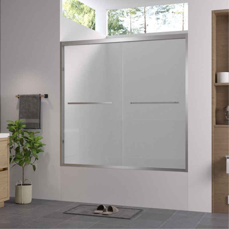 Pare-baignoire double coulissant avec verre trempé de 1/4 po (6 mm), fini, largeur réglable et poignée de corrosion pour écran de salle de bain en verre fini, 56 60 po x 58 po, cadre en aluminium, coffre-fort attrayant