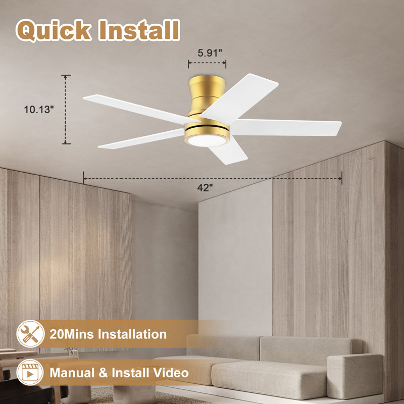 Ventilateur de plafond encastré à 5 pales avec éclairage à distance, commande vocale Alexa WIFI, moteur à courant continu silencieux