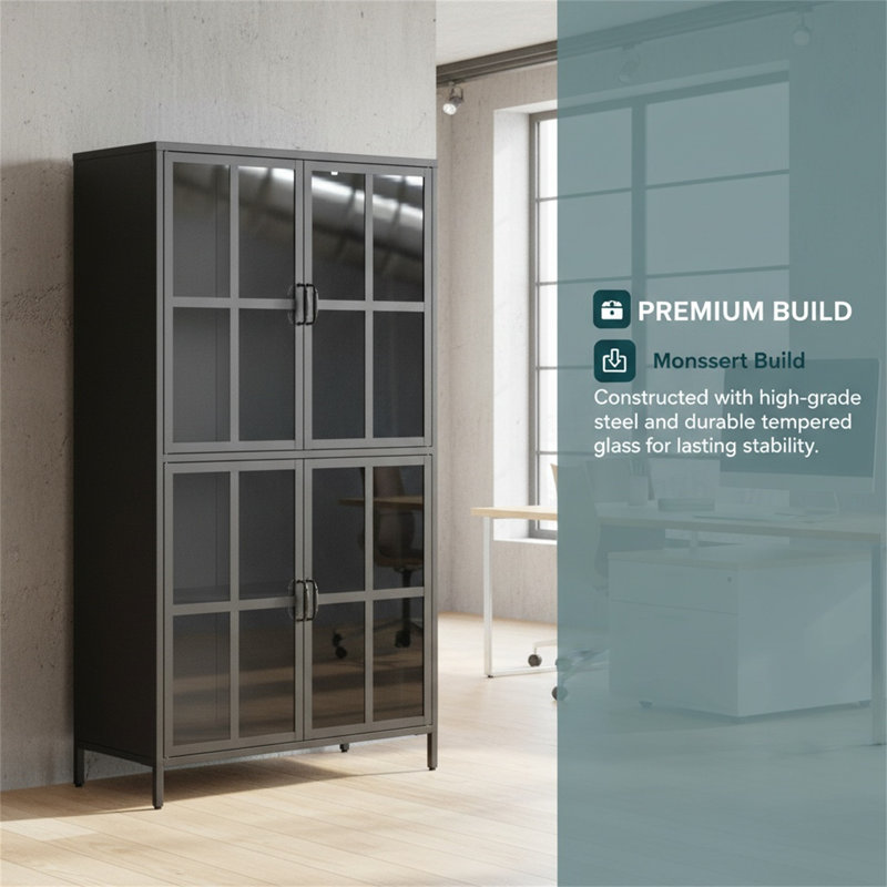 Black Metal Storage Cabinet With Tempered Glass Door, Adjustable Shelves, Anti-tip Device, Magnetic Soft-close System, And Adjustable Feet.