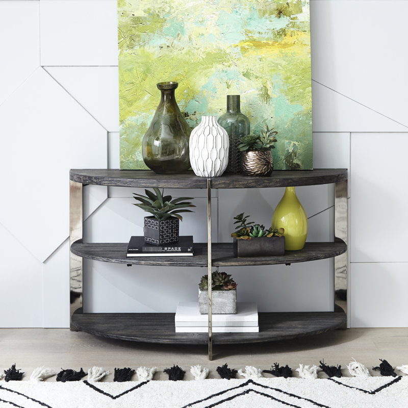Console gris anthracite, 2 tablettes ouvertes, table en bois robuste et en métal en forme de demi-lune gris / métal, pour le salon, la chambre à coucher, l'entrée