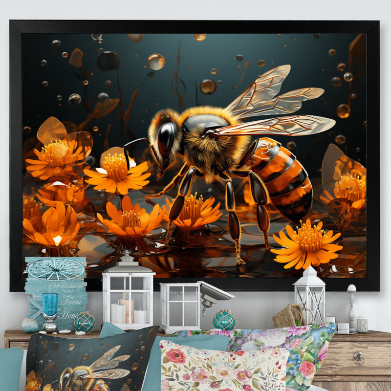 «Bee Buzzing Life», impression géométrique sur toile, Cadre flottant noir, H 16 po x l 32 po x P 1 po
