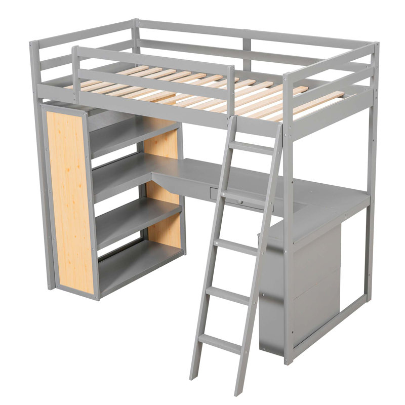 Lit mezzanine avec échelle, tablettes et bureau, gris, Simple