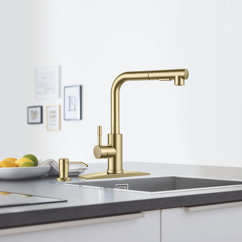 Kitchen Faucet With Soap Dispenser, Single Handle Pull-Out Faucet, Suitable For Kitchen Sink And Laundry Room., Gold