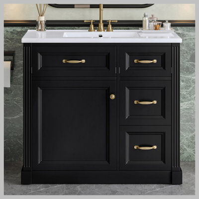 36 Inch Bathroom Vanity with Sink, Cabinet with 4 Drawers, Soft-Close Door & Adjustable Shelf, Ceramic Basin, Modern Storage Vanity for Bathroom Organization, Black Finish