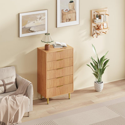 Fluted 5 Drawer Dresser for Bedroom, Wooden Chest with Metal Handles for Living Room or Hallway Storage