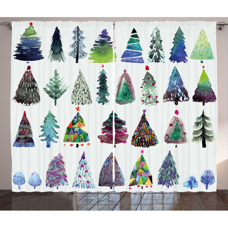 Multicolor Watercolor Fir Trees Polyester Rod Pocket Curtain Panels