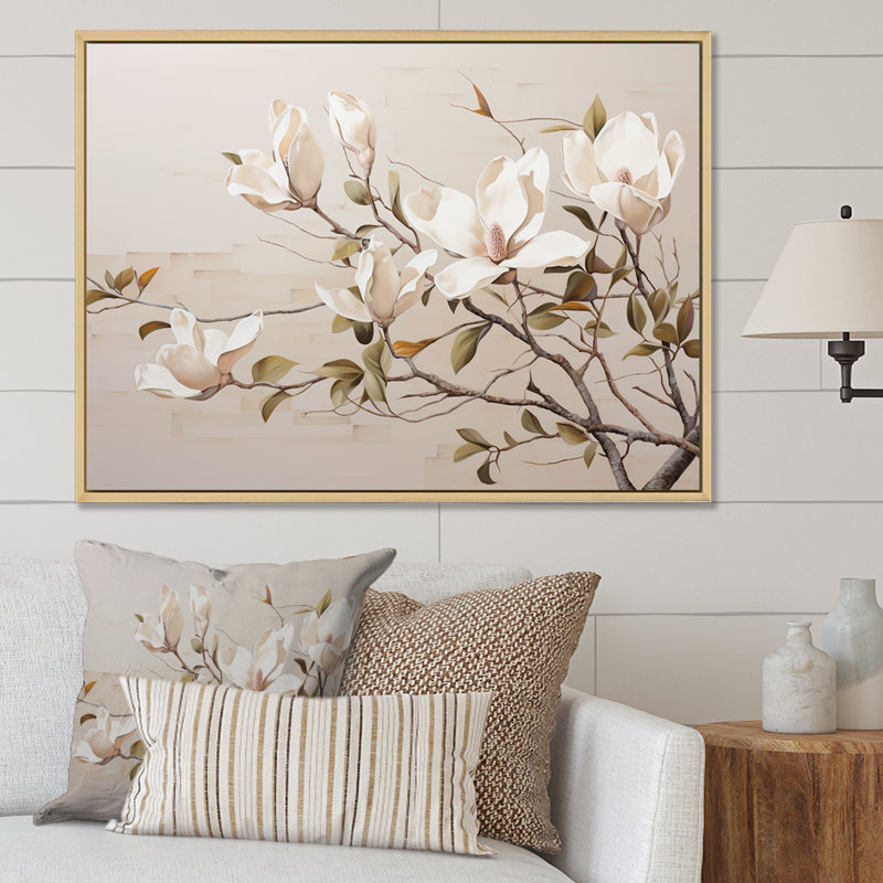 Magnolias rêveuses beiges en fleurs II, Cadre naturel flottant, H 24 po x l 32 po x P 1 po