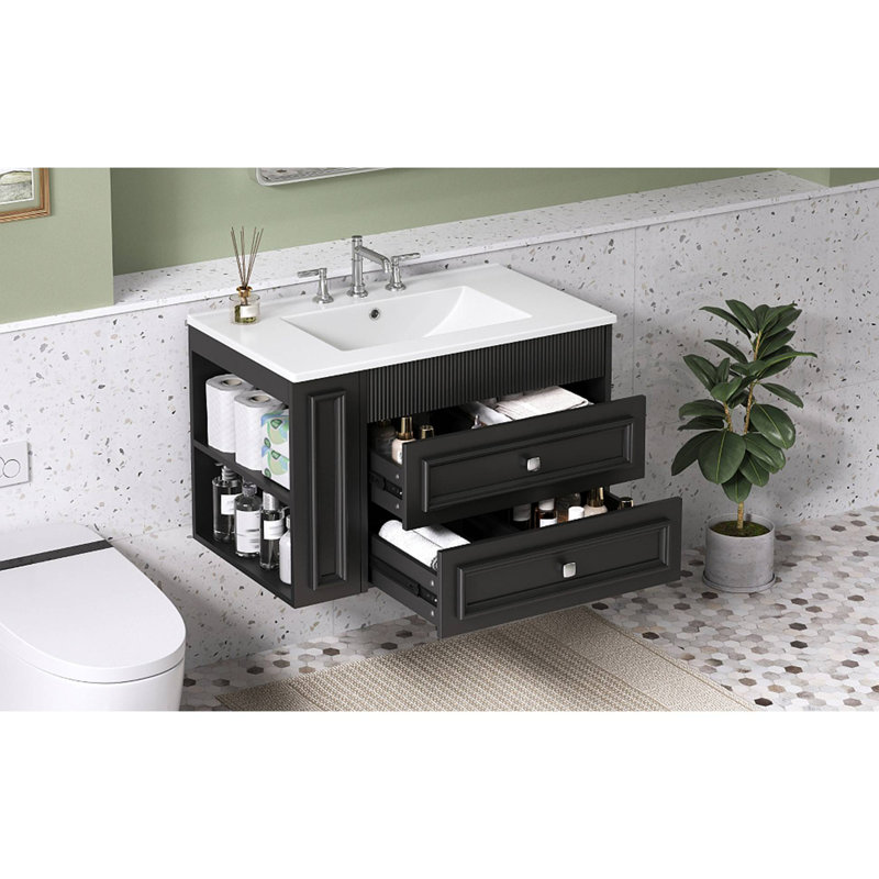 30'' Wall Mounted Bathroom Vanity, Floating Bathroom Storage Cabinet With 2 Drawers, 3 Holes Single Ceramic Sink, Modern Cabinet.Black