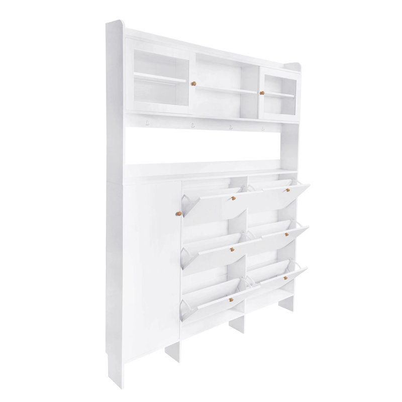 Multifunctional Tipping Bucket Shoe Cabinet With Storage Shelf & 6 Flip Drawers, Large Hall Tree With Tempered Glass Doors, Foyer Cabinet With 4 Hooks For Hallway