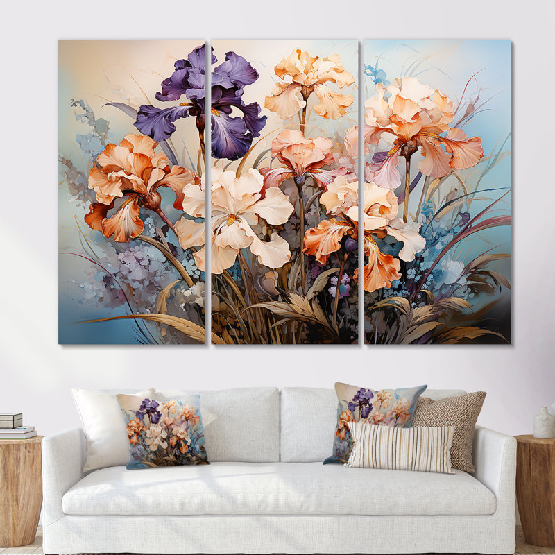 Mauve et pêche iris charme intemporel - ensemble de décorations murales iris, H 28 po x l 36 po x P 1 po, Toile tendue