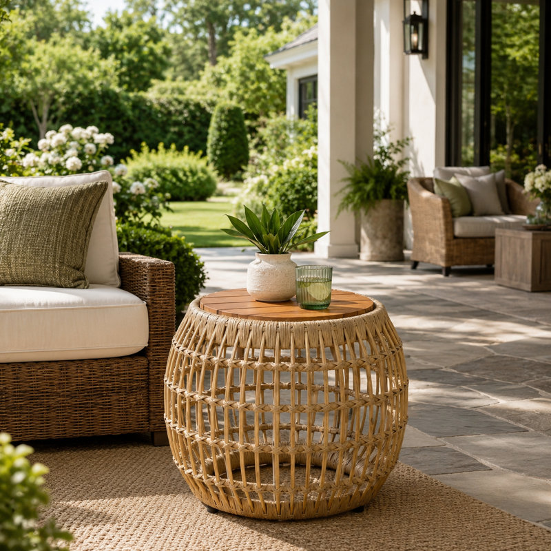 Boho Round Outdoor End Table with Light Brown Wood Top and Wicker Frame