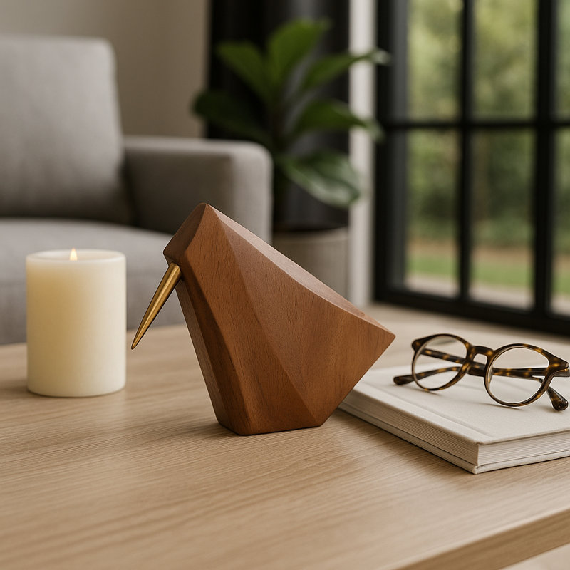 Wooden Abstract Bird Figurine Statue Object for Home Decor - Decorative Sculpture with Metal Detail for Office, Table, and Living Room - Brown & Tan