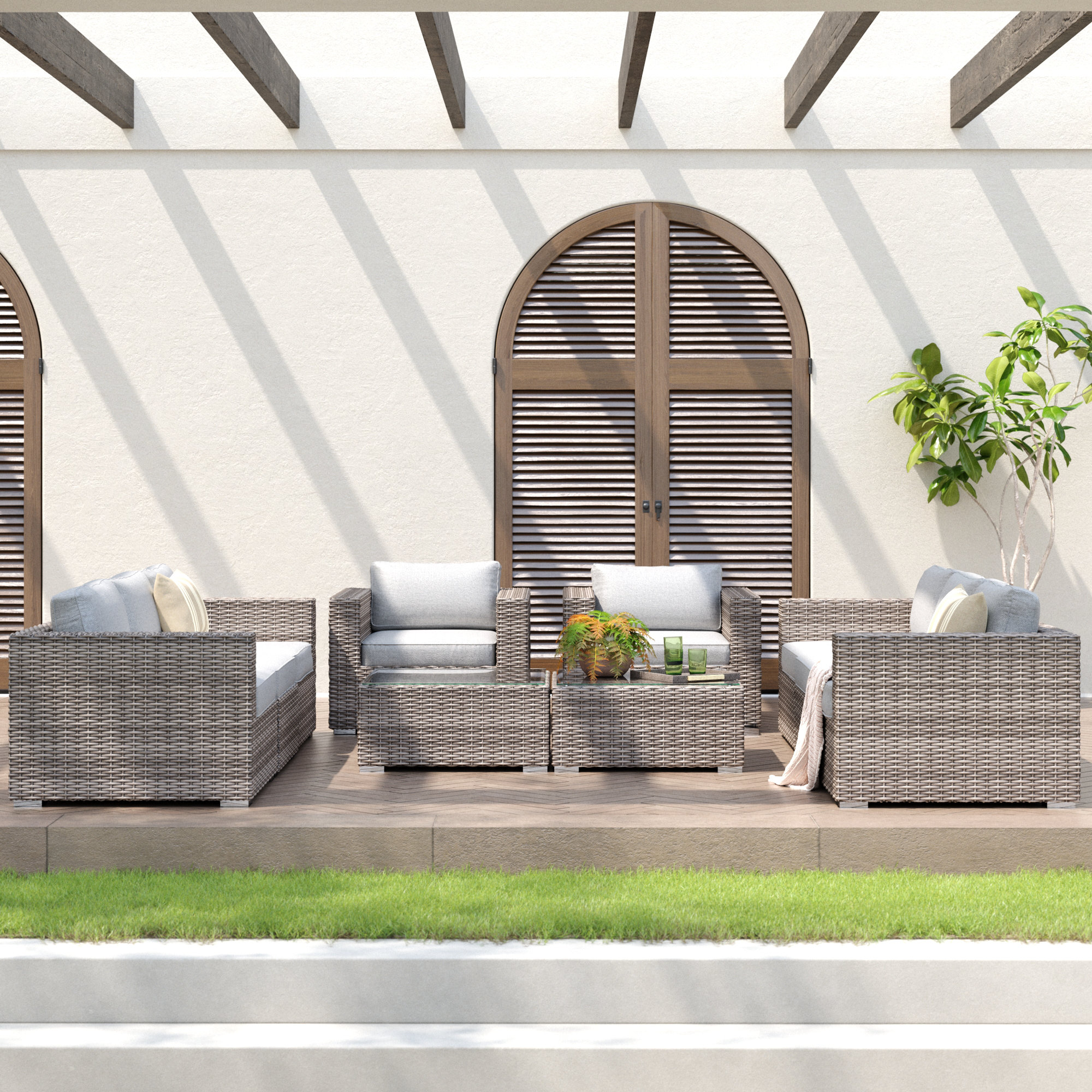 Franke Wicker 8 Person Seating Group, Gray, Canvas Charcoal Sunbrella® Canvas