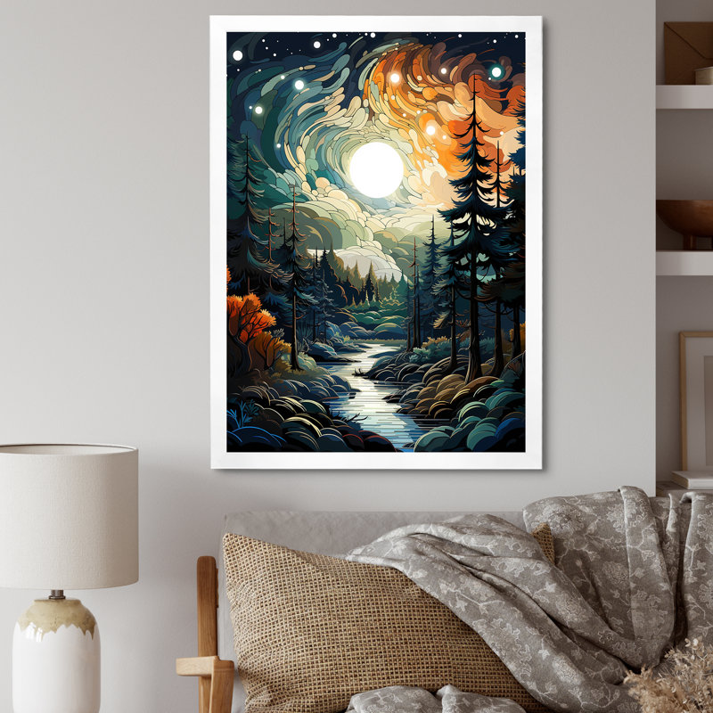 Moonlight River Into The Forest I - Forêt et rivière, art mural, Cadre flottant noir, H 32 po x l 16 po x P 1 po