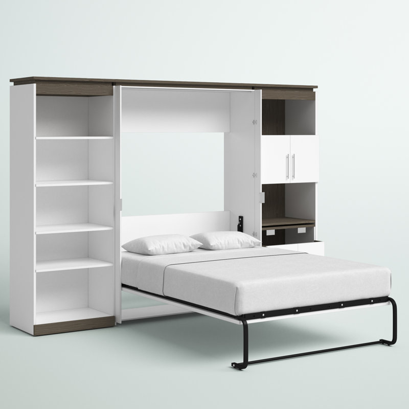 Camalla Full Murphy Bed with Shelving and Fold-Out Desk, White/Walnut Gray
