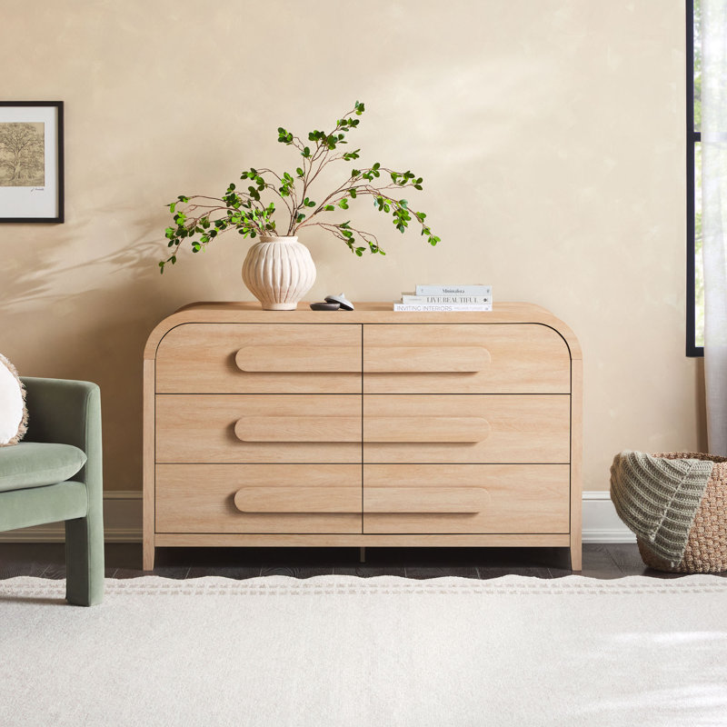 Sitarski Modern Curved Waterfall Wood 6 Drawer Dresser, Coastal Oak