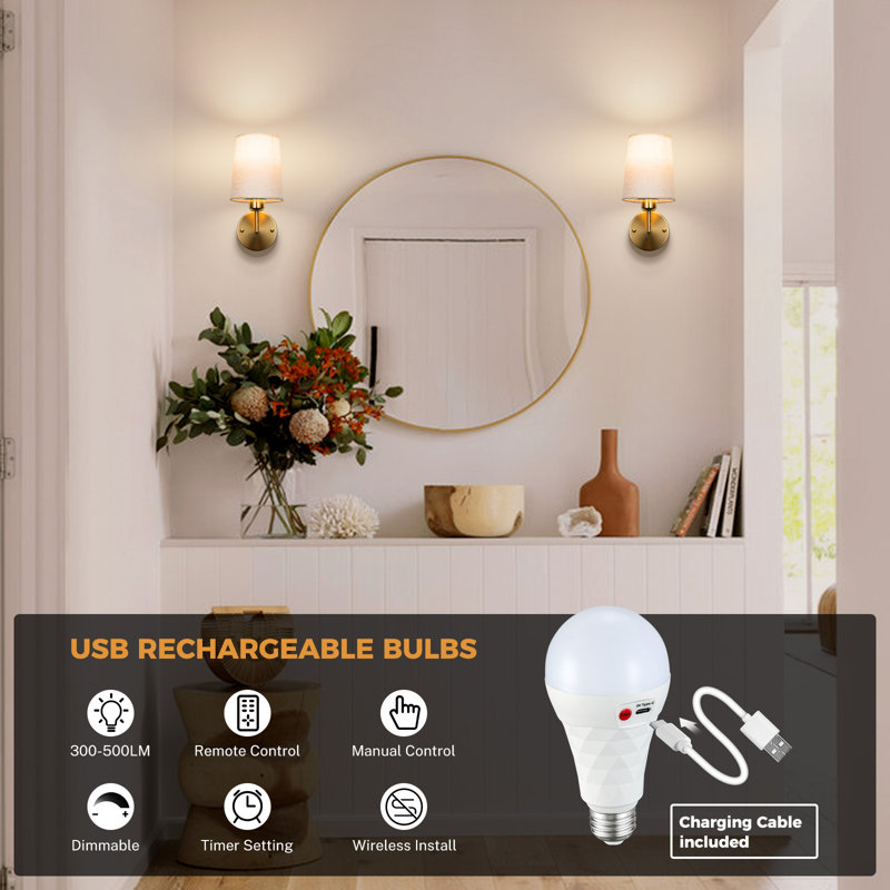 Battery Operated Wall Sconce, Rechargeable Wall Sconces Wall Decor Set Of 2, Gold