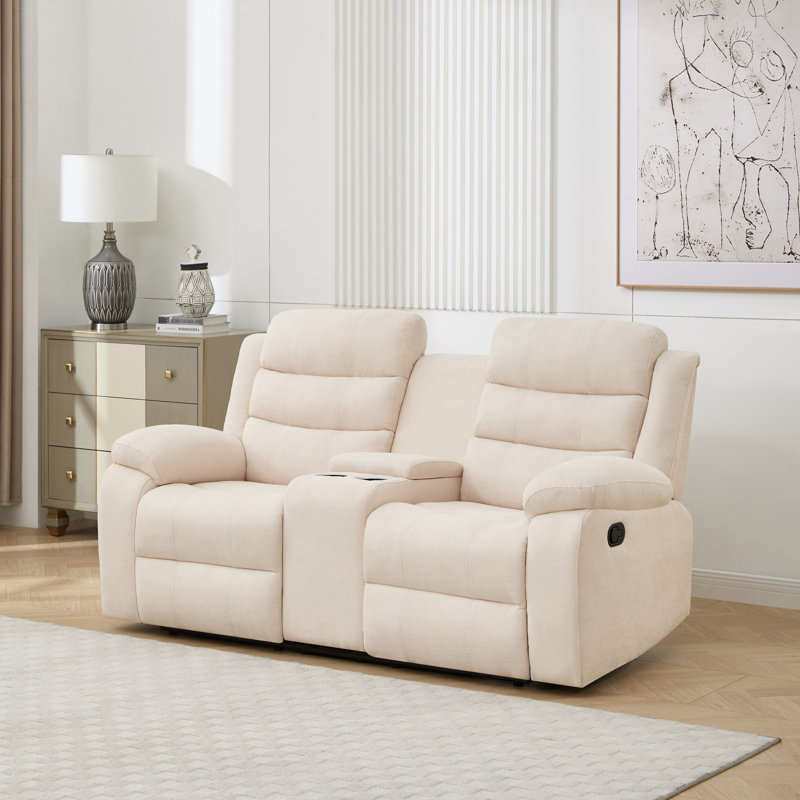 2 Piece Linen Reclining Living Room Set, 5 Seater, Beige