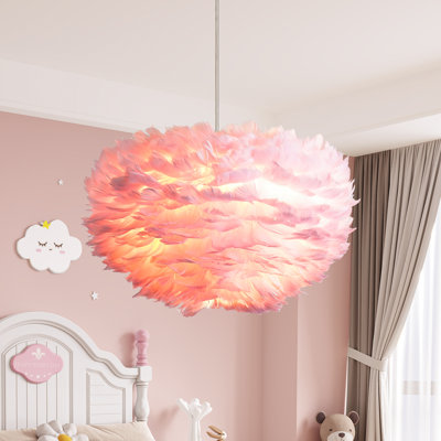 3 - Light 18"W Unique / Statement Globe Pink Modern Chandelier with Feather Accents for Bedroom