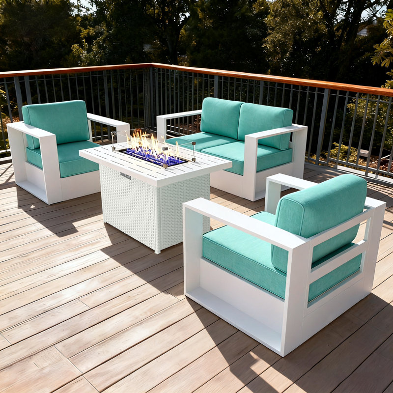 Modern Outdoor Aluminum 4-piece Conversation Set With Firepit Table, Teal Cushion/White Frame