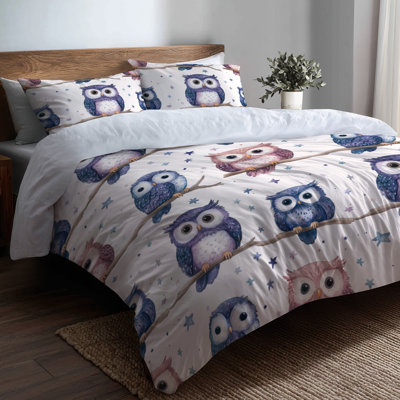 Kids Animals Comforter Set of 6 - Nocturnal Pastel Owls With Shams And Throw Pillows
