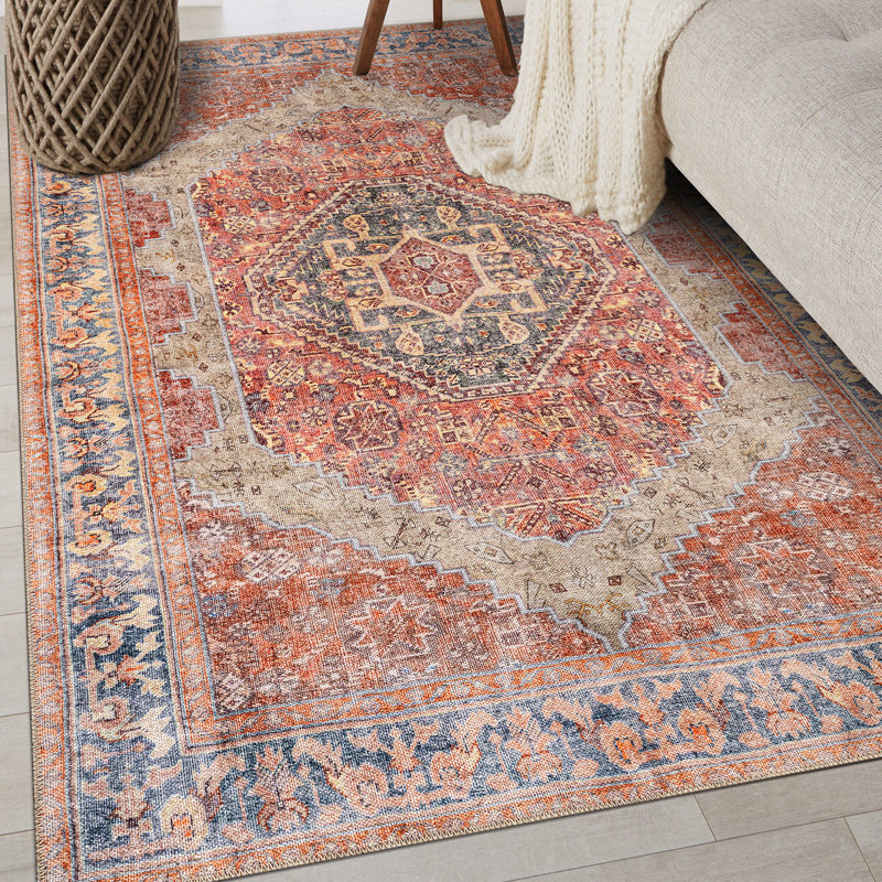 Valora Red Vintage Medallion Washable Low-Pile Area Rug With Non-Slip Backing, Rectangle 4' x 6'