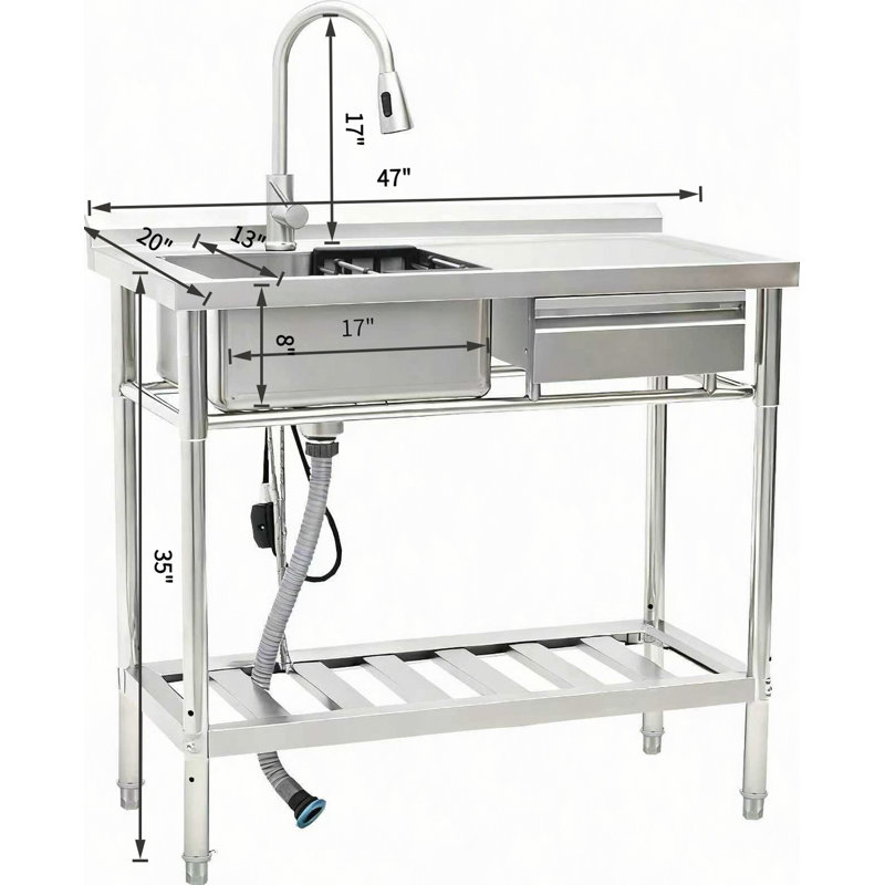 Évier utilitaire avec robinet, acier inoxydable, bol simple avec tiroir de rangement