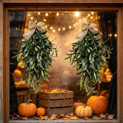2Pcs Olive Wreath for Front Door Teardrop Floral Wreath Olive Swag with Greenery Leaves and Fruit, Hanging Bunch for Summer All Season Outdoor Indoor Farmhouse Wall Front Porch Window Decor