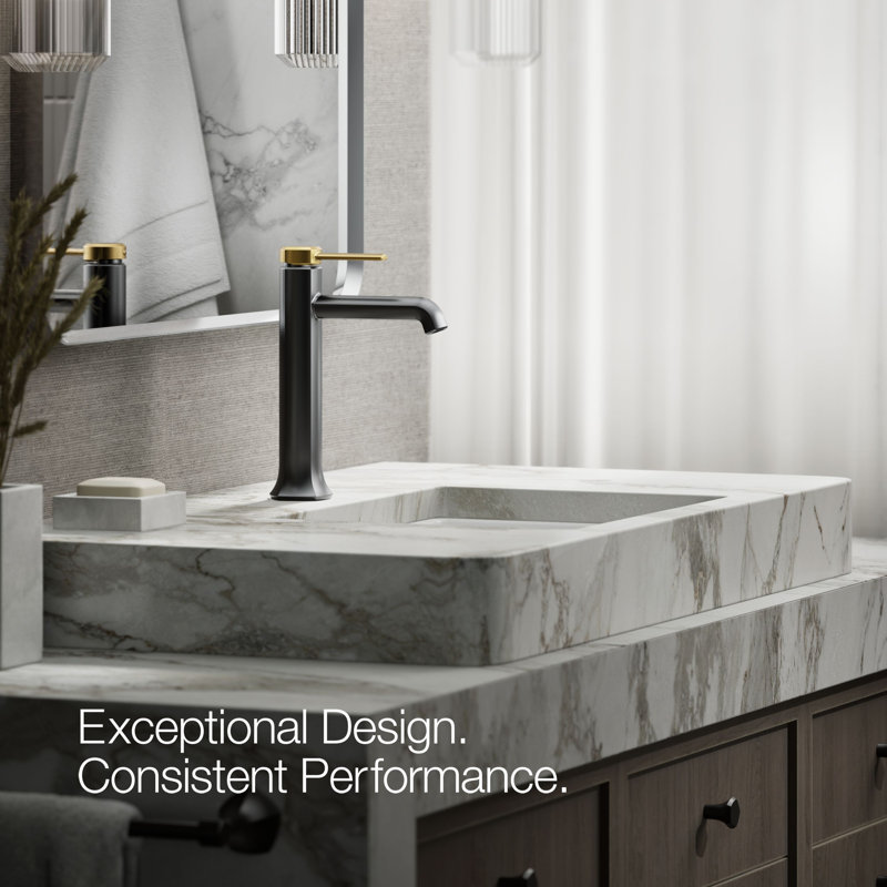 Occasion Tall Single-Handle Vessel Sink Bathroom Faucet with Drain Assembly, Matte Black/Modern Brass, 0.5 GPM 