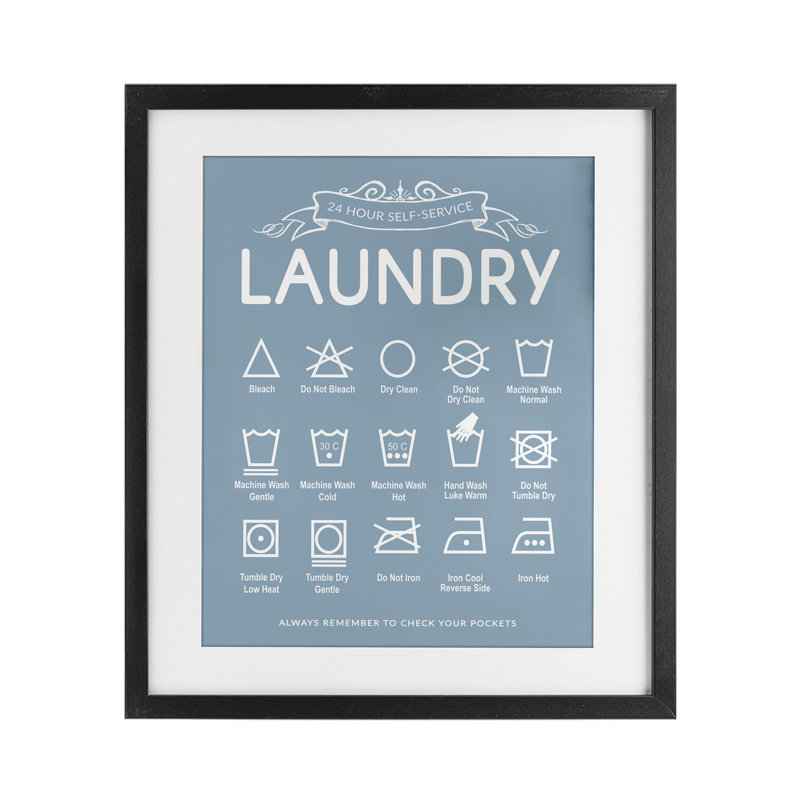 Blue Vintage Laundry Guide Framed Print Under Glass, design by Lettered and Lined, Midnight Black Frame, 16" H x 13" W