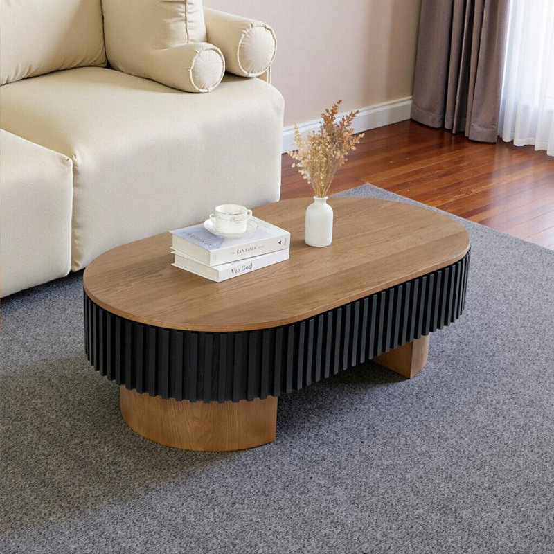 Table basse elliptique moderne de 43,7 po avec rangement dissimulé et plateau amovible, placage de bois massif noir et noyer