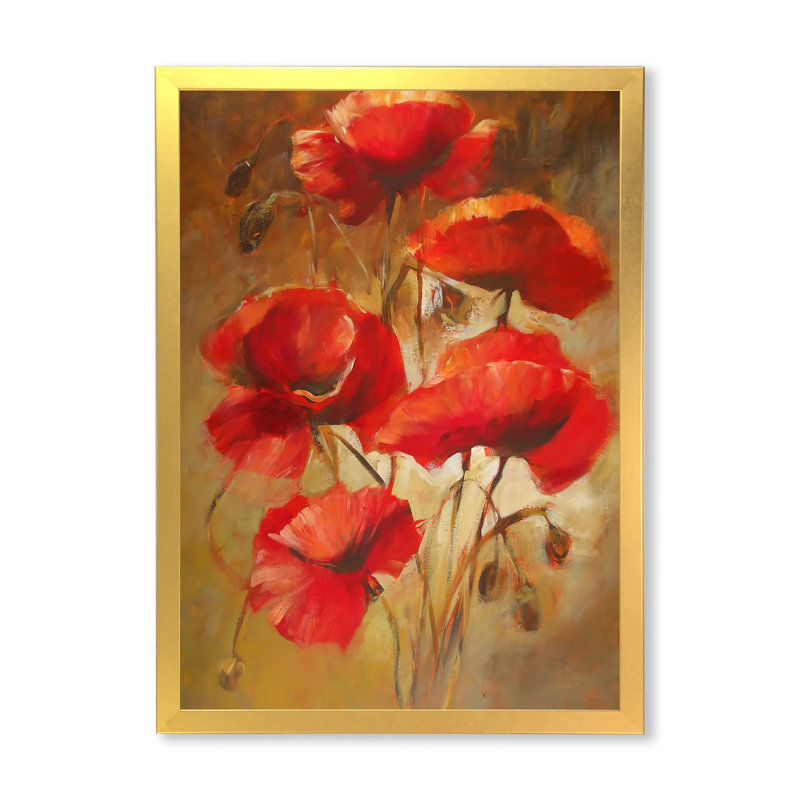 Red Blossoming Poppies IV - peinture sur toile, H 40 po x l 30 po x 1,5 po, Toile encadrée d'or