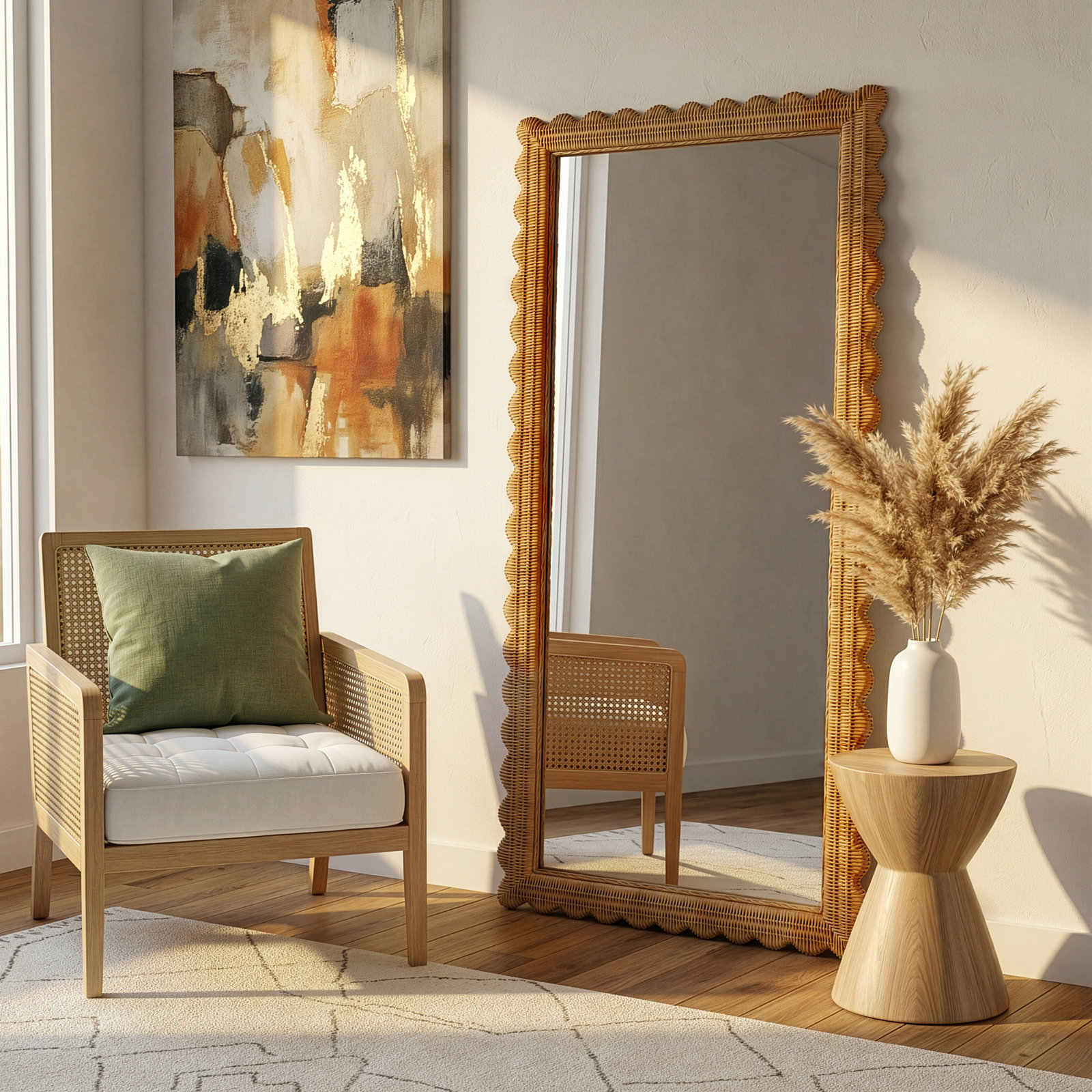 Lacie Scalloped Rattan Floor Mirror, Honey