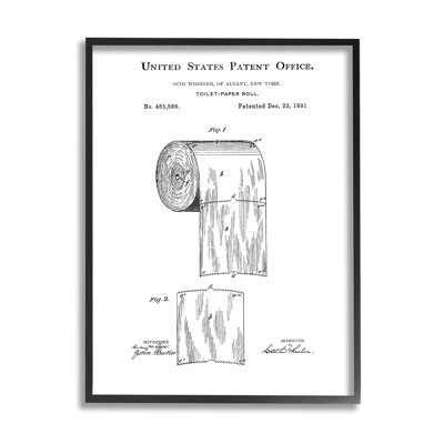 Rouleau de papier hygiénique, rétro, brevet, noir minimal, blanc, XXL, estampe numérique encadrée, art texturé par Studio W 