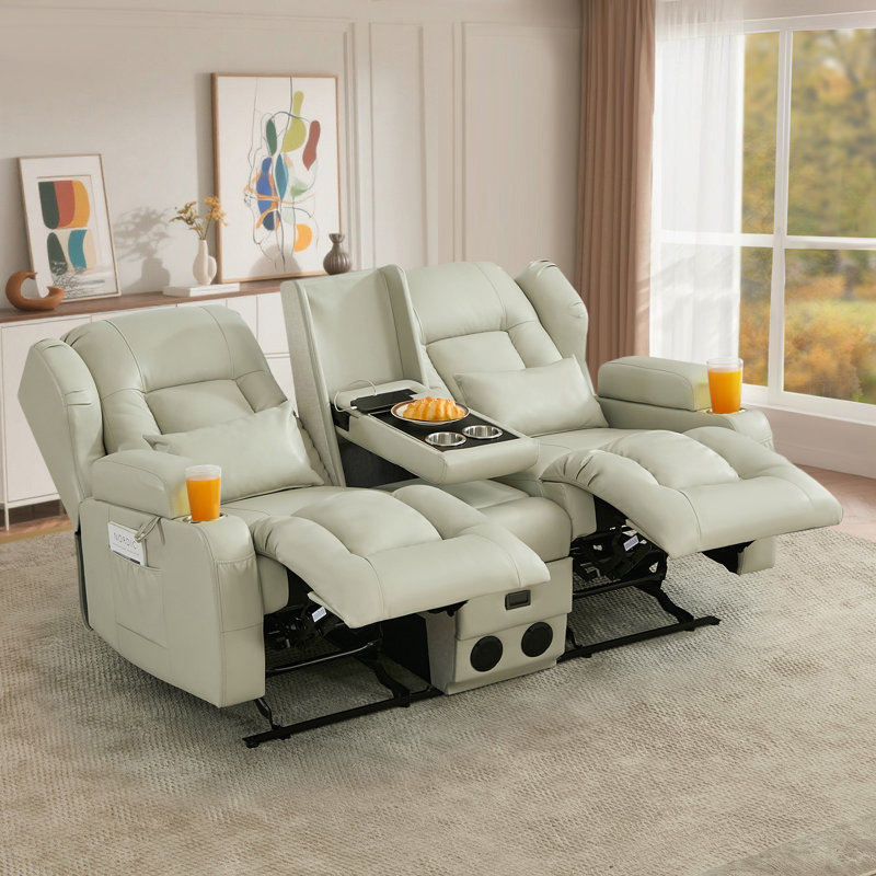 3-Seater Reclining Sofa With Flip-Down Console, Cup Holders, Charging Ports, Storage Drawer & Bluetooth Speakers, Silver