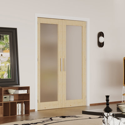 Slab Double Doors - 1 Lite Frosted Glass With Natural Wood Look, Interior Pantry Door (Handle, Latch & Pin Included, Paintable)