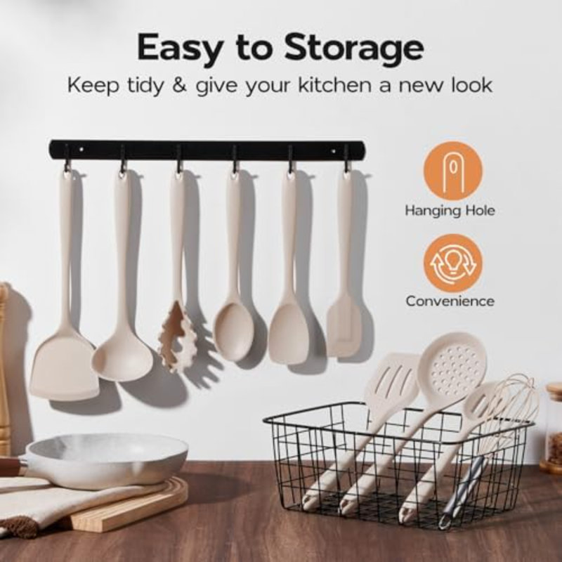 Ensemble de 10 ustensiles de cuisine en silicone résistants à la chaleur et non toxiques pour poêles antiadhésives - Kaki