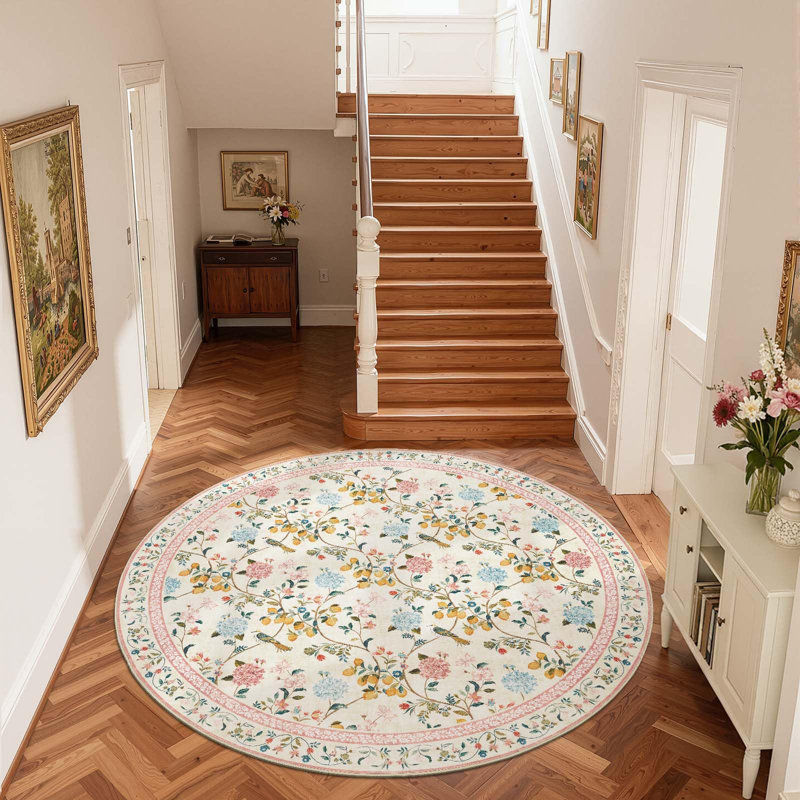 Botanical Floral Washable Non-Slip Area Rug, Beige/Pink, 6'R