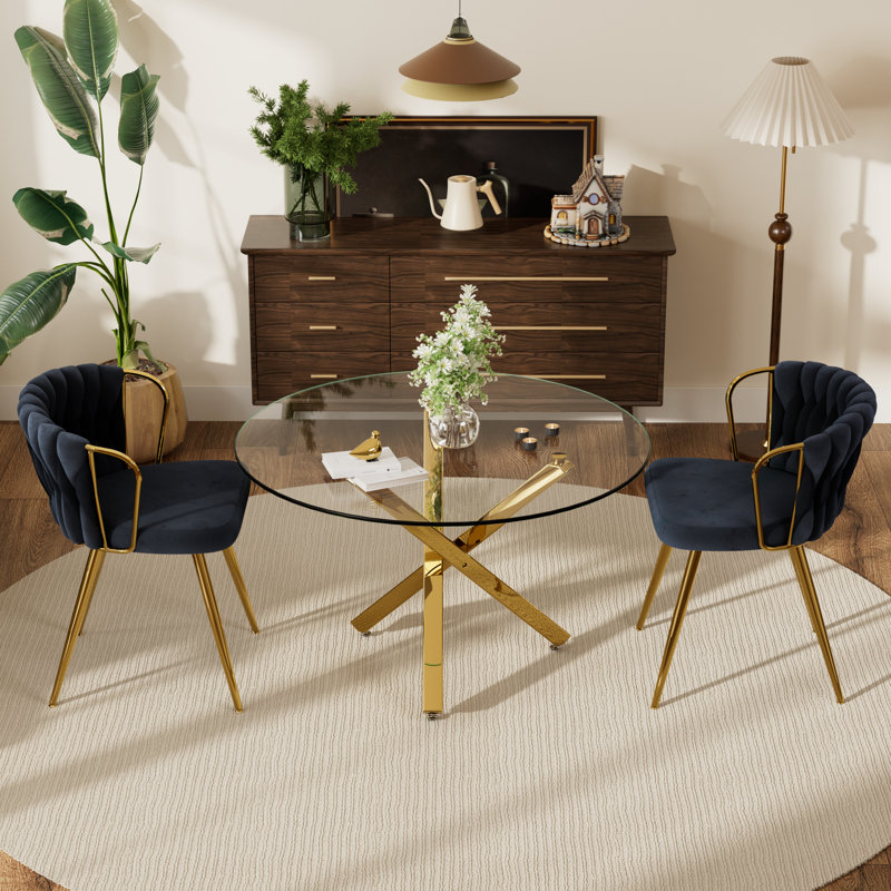 Ensemble repas rond, Noir, 3 pièces: table, 2 chaises, Doré