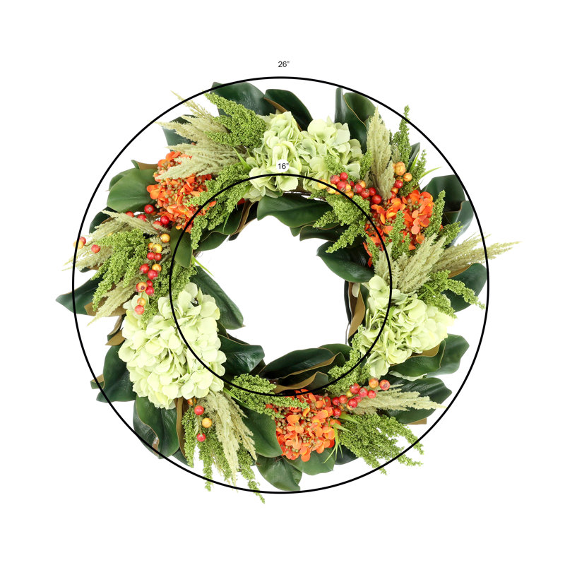 28" Hydrangea, Heather And Berry Fall Wreath With Magnolia Leaves