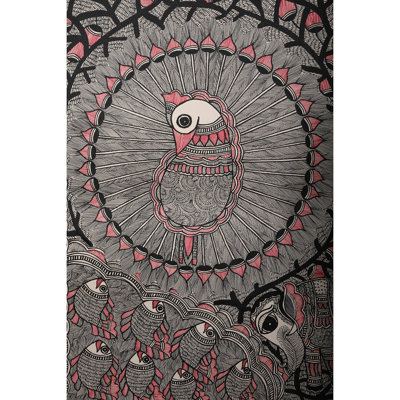 Paon et poisson dans le style Madhubani | Papier fait à la main | Par Ajay Kumar Jha