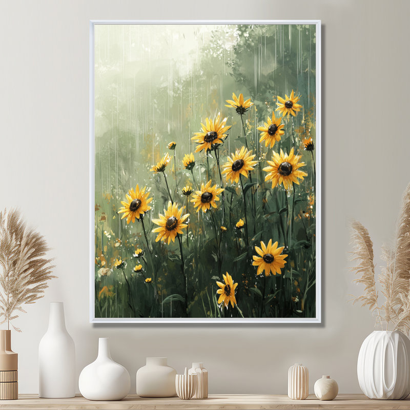 Duanys Vintage Rainy Day Sunflowers II - Art mural grand tournesols, H 20 po x l 12 po, Impression encadrée flottante, Blanc