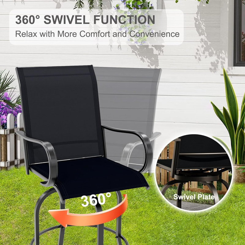 Set of 2 Outdoor Swivel Bar Stools – All-Weather High-Back Patio Chairs with Armrests & Footrest, 360° Rotating Counter Height Pub Chairs for Garden, Poolside, Balcony