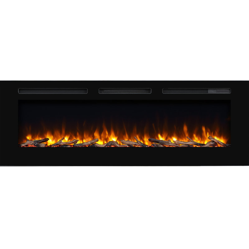 Alice 60 Inches Recessed Electric Fireplace, Flush Mounted for 2 X 6 Stud, Log Set & Crystal, 1500W Heater, Remote Control, Black