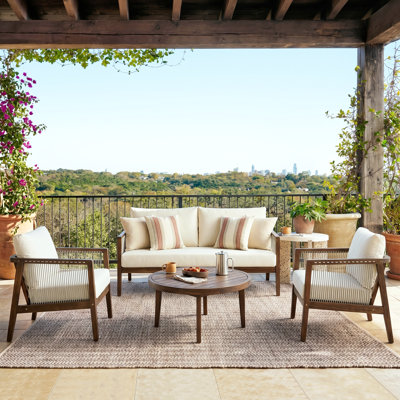 Breezara Outdoor 4-Person Acacia Wood Conversation Set With Rope Woven Back & Water-Repellent Cushions