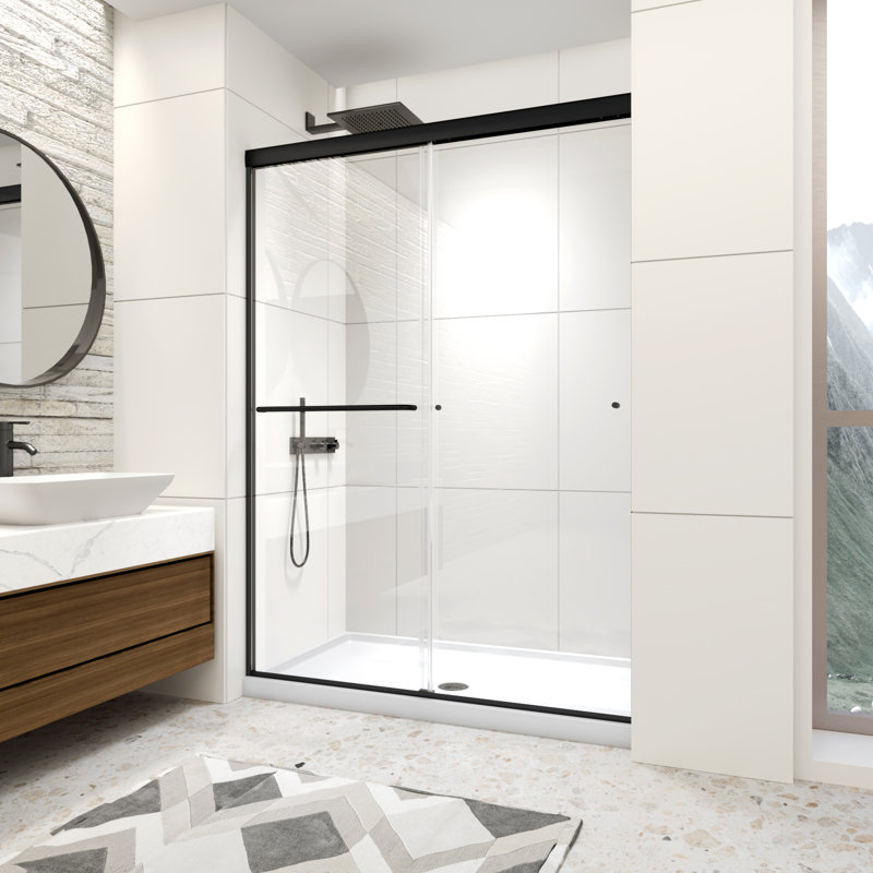 Porte de douche coulissante double l 50 à 54 po x H 72 po, porte de douche encadrée avec verre trempé transparent de 1/4 po (6 mm), portes de douche au fini noir mat avec barre à serviettes, installation réversible